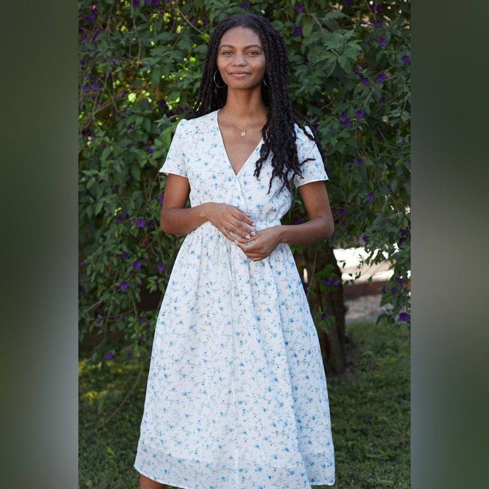 Christy Dawn— The Dawn Dress; White & Blue Floral